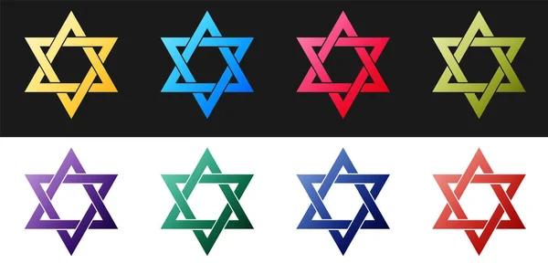 Set Star David Icon Isolated Black White Background Jewish Religion — Stock Vector