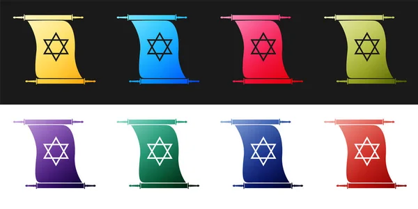 Imposta Icona Scorrimento Torah Isolata Sfondo Bianco Nero Torah Ebraica — Vettoriale Stock