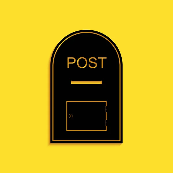 Black Mail Box Symbol Briefkastensymbol Auf Gelbem Hintergrund Langer Schatten — Stockvektor