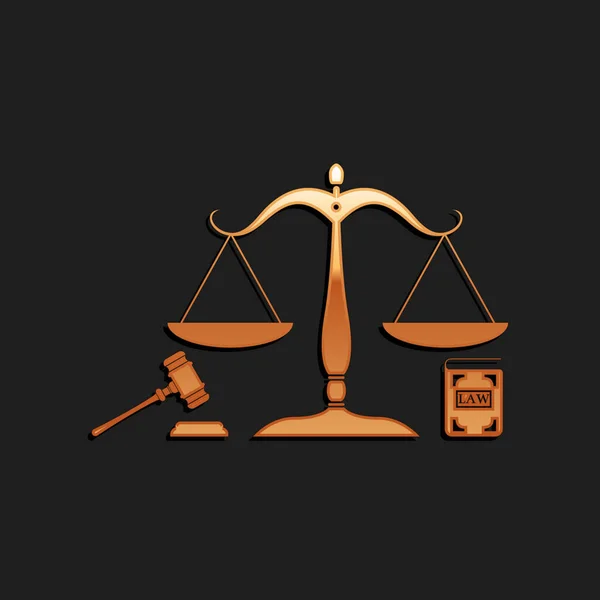 Gold Scales Justice Gavel Book Icon Isolated Black Background Symbol — Vetor de Stock