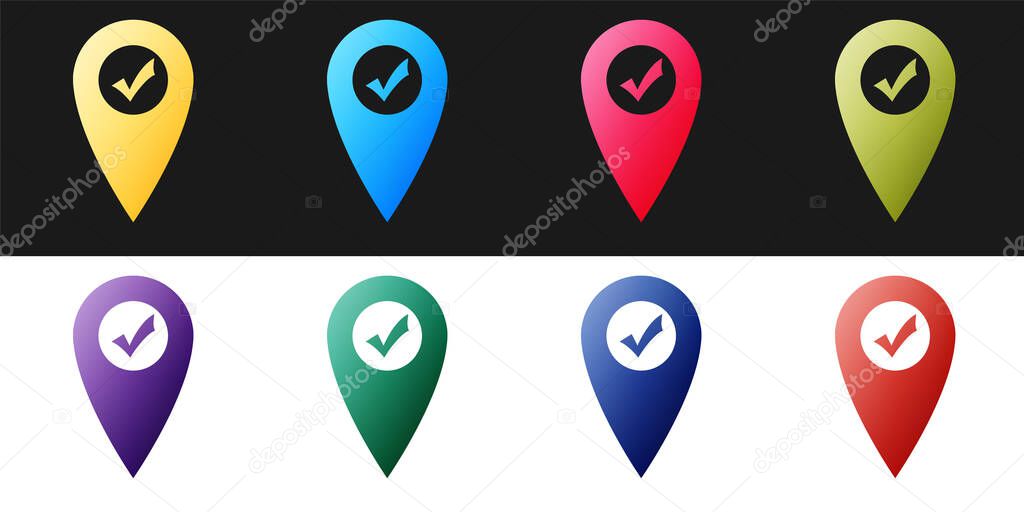 Set Map pointer with check mark icon isolated on black and white background. Marker location sign. Tick symbol. For location maps. Sign for navigation.  Vector.