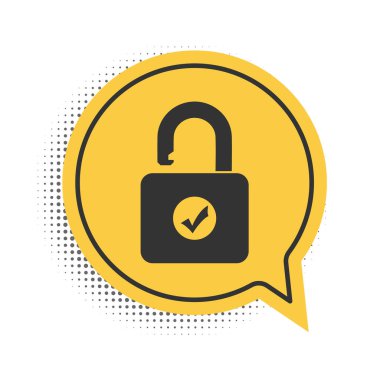 Siyah Açık asma kilit simgesi beyaz arkaplanda izole edildi. Kilit açık işareti. Siber güvenlik kavramı. Dijital veri koruması. Güvenlik kilidi. Sarı konuşma balonu sembolü. Vektör.