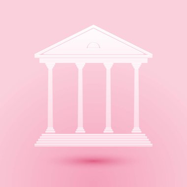 Kağıt kesiği Adliye Binası ikonu pembe arka planda izole edilmiş. Banka veya müze inşaatı. Kağıt sanatı tarzı. Vektör.