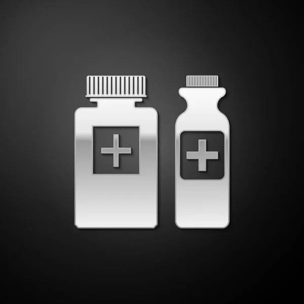 Silver Medicine Bottle Icon Isolated Black Background Bottle Pill Sign — Stock Vector