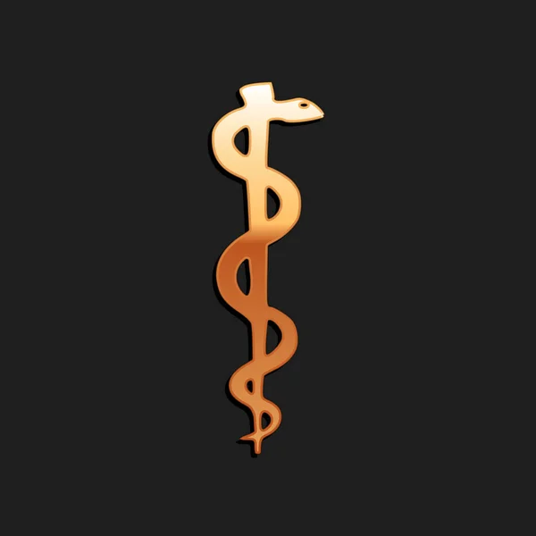 无尾蛇的金棒盘绕着被黑色背景隔开的轮廓图标 药店或药物的标志 药用蛇的标志 长影子风格 — 图库矢量图片