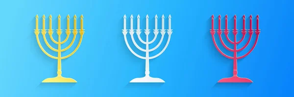 Papel Corte Hanukkah Menorah Ícone Isolado Fundo Azul Ícone Religião — Vetor de Stock