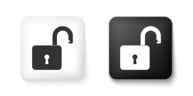 Beyaz arkaplanda siyah-beyaz asma kilit simgesi izole edildi. Kilit açık işareti. Siber güvenlik kavramı. Dijital veri koruması. Güvenlik kilidi. Kare düğmesi. Vektör.