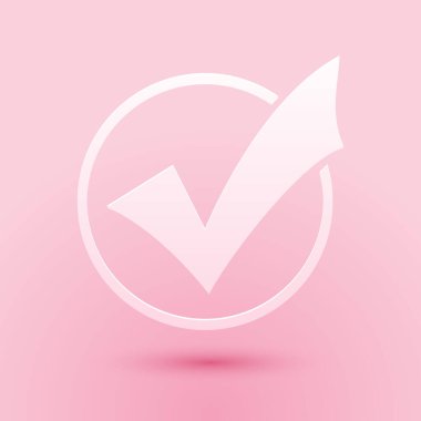 Pembe arka planda izole edilmiş yuvarlak simgelerdeki kağıt kesiği kontrol işareti. Kontrol listesi düğmesi işareti. Kağıt sanatı tarzı. Vektör.
