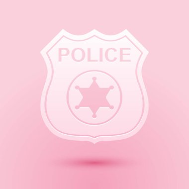 Kağıt kesiği polis rozeti ikonu pembe arka planda izole edilmiş. Şerif rozeti. Kağıt sanatı tarzı. Vektör.