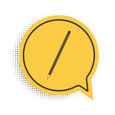 Beyaz arkaplanda silgi simgesine sahip siyah kalem. Eğitim işareti. Çizim ve eğitim araçları. Okul sembolü. Sarı konuşma balonu sembolü. Vektör.