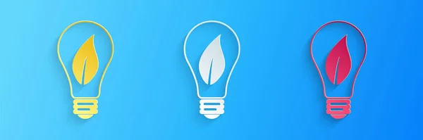 Papiergeschnittene Glühbirne Mit Blattsymbol Auf Blauem Hintergrund Ökoenergiekonzept Papierkunst Vektor — Stockvektor