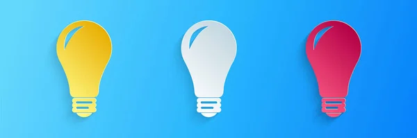 Papiergeschnittenes Glühbirnen Symbol Isoliert Auf Blauem Hintergrund Energie Und Ideensymbolik — Stockvektor