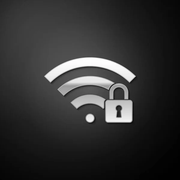 Icona Argento Wifi Bloccato Isolato Sfondo Nero Password Simbolo Icona — Vettoriale Stock