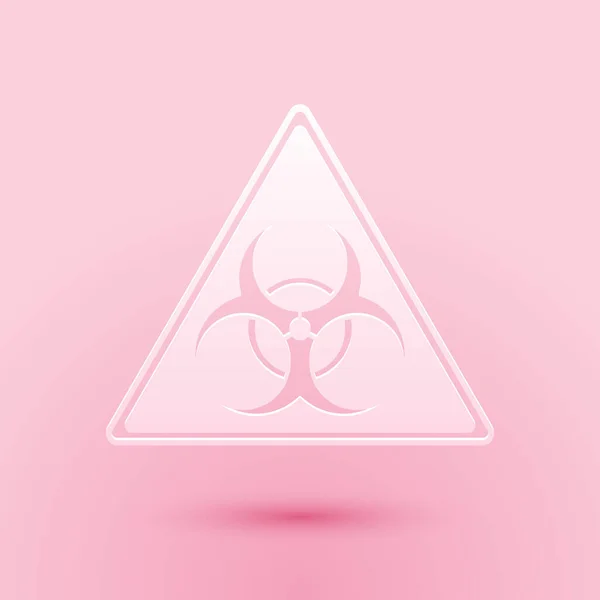 Paper Cut Triangle Sign Biohazard Symbol Icon Isolated Pink Background — Stock Vector