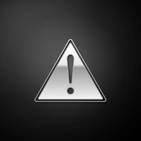 Silver Exclamation Mark Triangle Icon Isolated Black Background Hazard Warning — Stock Vector