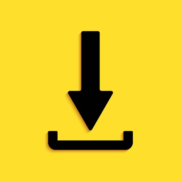 黑色下载图标孤立在黄色背景 上传按钮 负载符号 箭头指向下 长影子风格 — 图库矢量图片