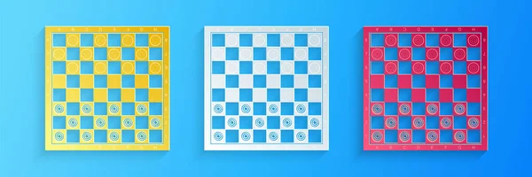 紙カット青色の背景に隔離されたチェッカーアイコンのボードゲーム 古代の知的ボードゲーム チェス盤 白と黒のチップ 紙のアートスタイル ベクトル — ストックベクタ