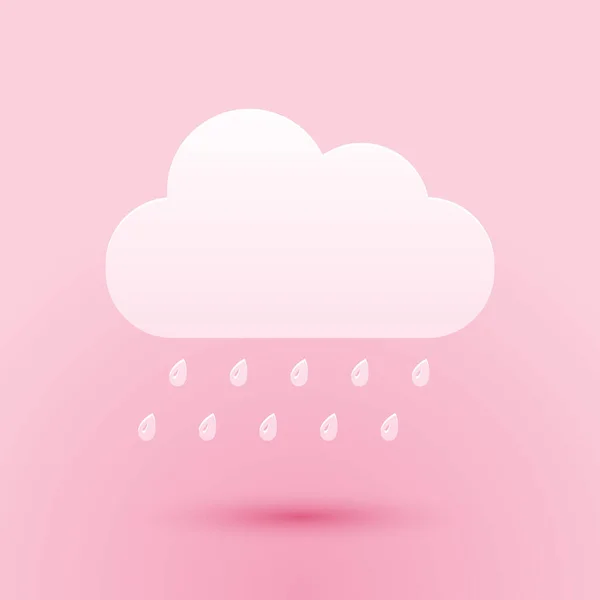 ペーパーカットピンクの背景に雨のアイコンで雲を切り取ります 雨滴と雨のニンバス雲の降水量 紙のアートスタイル ベクトル — ストックベクタ