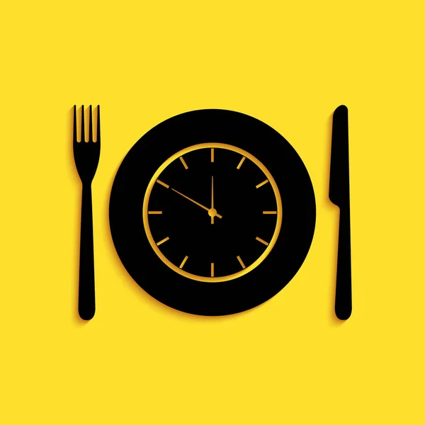 Placa Negra Con Reloj Tenedor Icono Cuchillo Aislado Sobre Fondo — Vector de stock