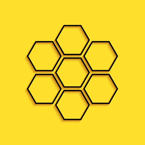 Zwarte Honingraat Teken Pictogram Geïsoleerd Gele Achtergrond Honing Cellen Symbool — Stockvector