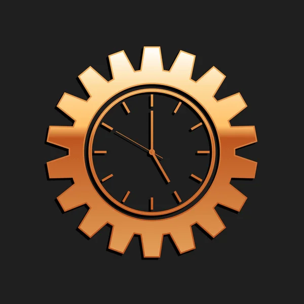 黒の背景に隔離されたゴールドタイム管理アイコン 時計とギアのサイン 生産性のシンボル 長い影のスタイル ベクトル — ストックベクタ