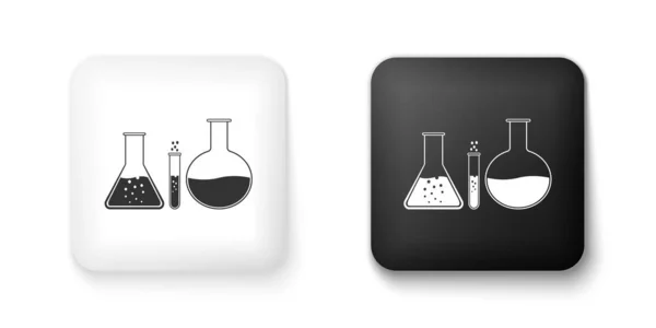 黑白试管和烧瓶化学实验室测试图标隔离在白色背景下 实验室玻璃器皿标志 正方形按钮 — 图库矢量图片