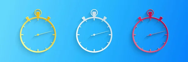 Papier Découpé Icône Chronomètre Isolé Sur Fond Bleu Signe Minuterie — Image vectorielle