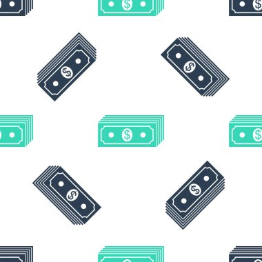 Yeşil kağıt para Amerikan doları nakit para ikonu beyaz arka planda kusursuz desen izole etti. Para banknotları dolar simgesiyle istiflenir. Para birimi. Vektör.