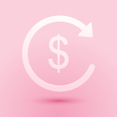 Kağıt kesiği para iadesi simgesi pembe arka planda izole edilmiş. Finansal hizmetler, nakit geri ödeme konsepti, para iadesi, yatırım dönüşü, döviz kuru. Kağıt sanatı tarzı. Vektör.