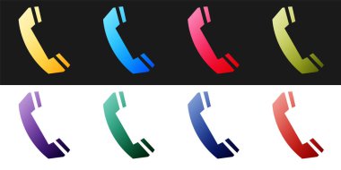 Telefon ahizesi simgesini siyah beyaz arkaplanda izole et. Telefon işareti. Destek merkezini ara. İletişim teknolojisi. Vektör.