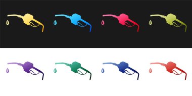 Benzin pompası başlık simgesini siyah beyaz arkaplanda izole et. Yakıt pompası istasyonu. Yakıt ikmal tabelası. Benzin istasyonu ikonu. Vektör.