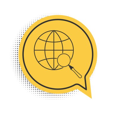 Beyaz arka planda izole edilmiş siyah büyüteç. Dünyayı analiz ediyorum. Küresel arama işareti. Sarı konuşma balonu sembolü. Vektör.