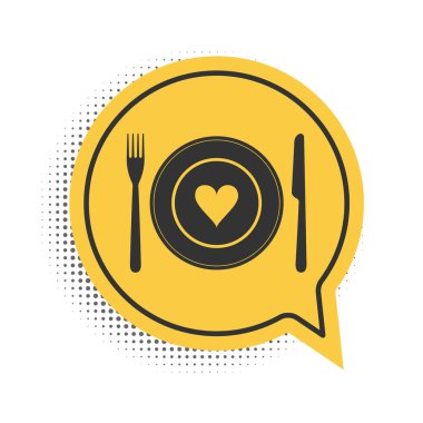 Siyah Kalp, çatal ve bıçak ikonu beyaz arka planda izole edildi. Sevgililer Günün kutlu olsun. Sarı konuşma balonu sembolü. Vektör.