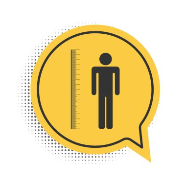 Siyah uzunluk ölçme simgesi beyaz arkaplanda izole edildi. Sarı konuşma balonu sembolü. Vektör.