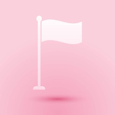 Kağıt kesiği, pembe arkaplanda izole edilmiş Bayrak simgesi. Yer belirleyici sembol. Kağıt sanatı tarzı. Vektör.