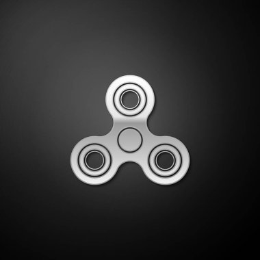 Gümüş Fidget döndürme simgesi siyah arkaplanda izole edildi. Stres giderici oyuncak. Moda bir el çevirme makinesi. Uzun gölge tarzı. Vektör.