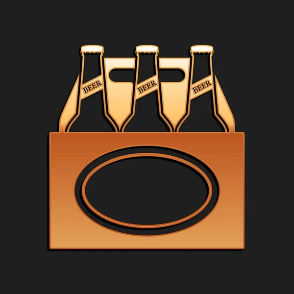 啤酒瓶的黄金包装图标孤立在黑色的背景 盒装啤酒盒标志 长影子风格 — 图库矢量图片