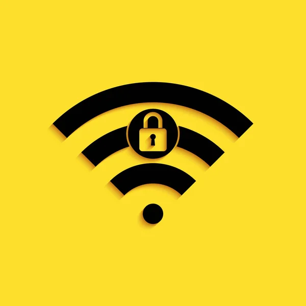 黄色の背景に隔離された黒のWifiロックサインアイコン パスワードWi Fiシンボル ワイヤレスネットワークアイコン 無線地帯だ 長い影のスタイル ベクトル — ストックベクタ