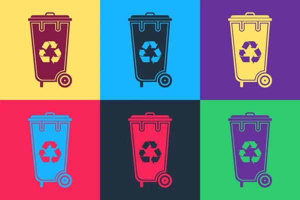流行艺术回收箱与回收符号图标分离的色彩背景 垃圾可以图标 垃圾箱标志 回收篮图标 — 图库矢量图片