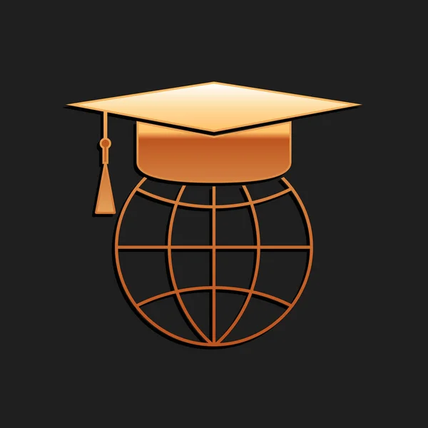 Gold Graduation Cap Auf Globus Symbol Isoliert Auf Schwarzem Hintergrund — Stockvektor