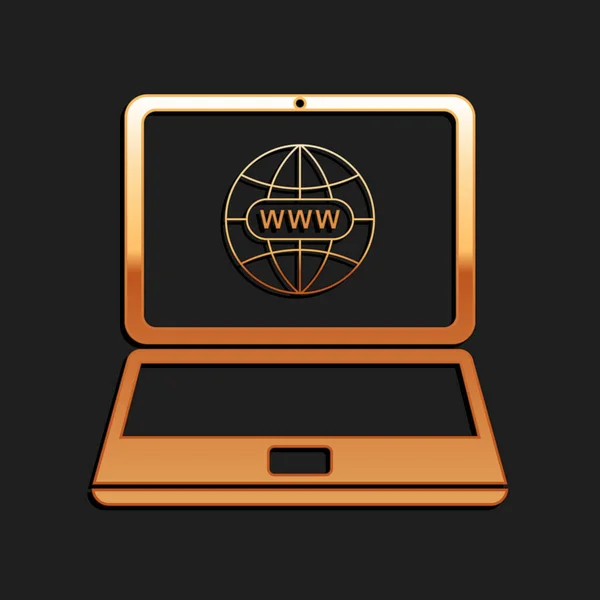 Золотий Веб Сайт Піктограмі Екрану Ноутбука Ізольовано Чорному Тлі Глобус — стоковий вектор