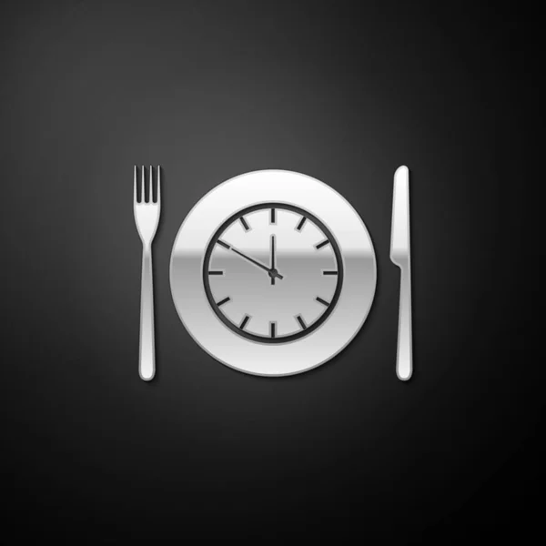 银盘与时钟 叉子和刀图标隔离在黑色背景 午餐时间 营养制度 就餐时间和饮食观念 长影子风格 — 图库矢量图片