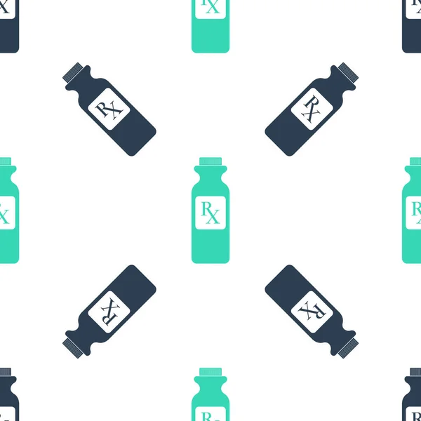 緑の丸薬瓶にRxのサインと丸薬アイコン白の背景にシームレスなパターンを分離した 薬局の設計 医薬品ボトルの処方記号としてRx ベクトル — ストックベクタ