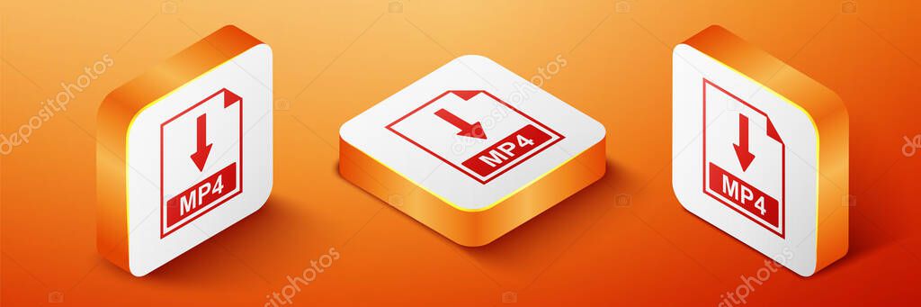 Isometric MP4 file document icon. Download MP4 button icon isolated on orange background. Orange square button. Vector.