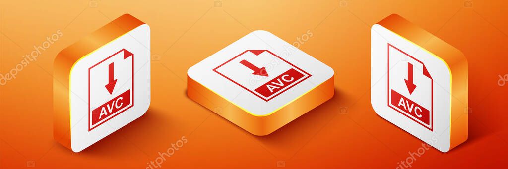 Isometric AVC file document icon. Download AVC button icon isolated on orange background. Orange square button. Vector.