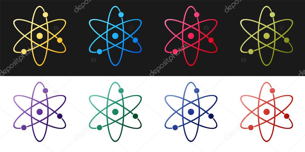 Set Atom icon isolated on black and white background. Symbol of science, education, nuclear physics, scientific research. Electrons and protonssign.  Vector.