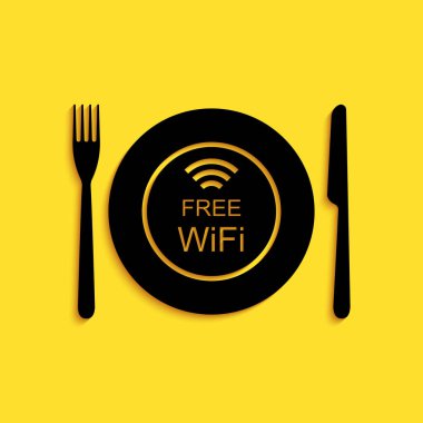 Siyah Restoran Ücretsiz Wi-Fi alan simgesi sarı arka planda izole edildi. Tabak, çatal ve bıçak işareti. Uzun gölge tarzı. Vektör.