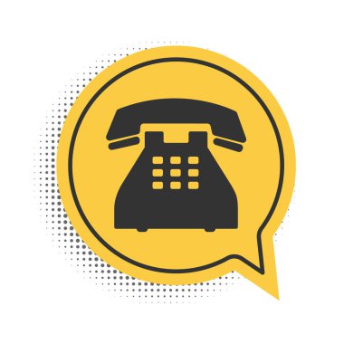 Siyah Telefon simgesi beyaz arkaplanda izole edildi. Sabit telefon. Sarı konuşma balonu sembolü. Vektör.