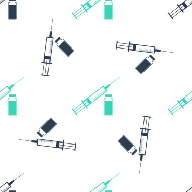 Beyaz zemin üzerinde iğne, şişe ya da ampul ikonu olan yeşil tıbbi şırınga izole edilmiş. Aşı, iğne, aşı, insülin konsepti. Vektör.