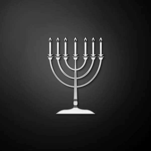 Argento Hanukkah Icona Menorah Isolato Sfondo Nero Icona Della Religione — Vettoriale Stock